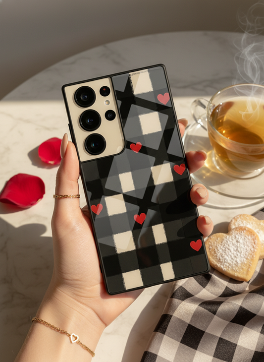 Checkered Hearts Premium Glass Back Cover For Galaxy S, A, M & F Series
