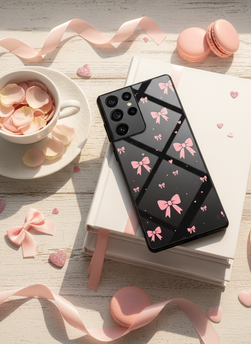 Dark Aesthetic Bows Premium Glass Back Cover For Galaxy S, A, M & F Series