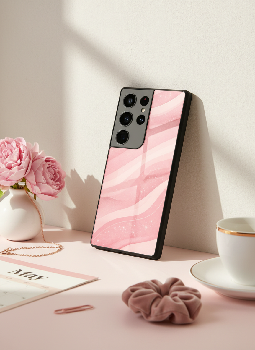 Rose Wave Premium Glass Back Cover For Galaxy S, A, M & F Series