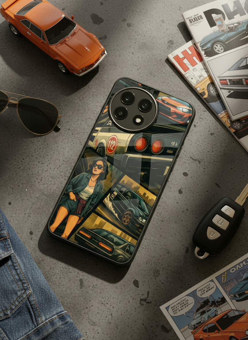 Drag Cars Premium Glass Back Cover For One Plus 13, 12, 11, 10, Nord Series