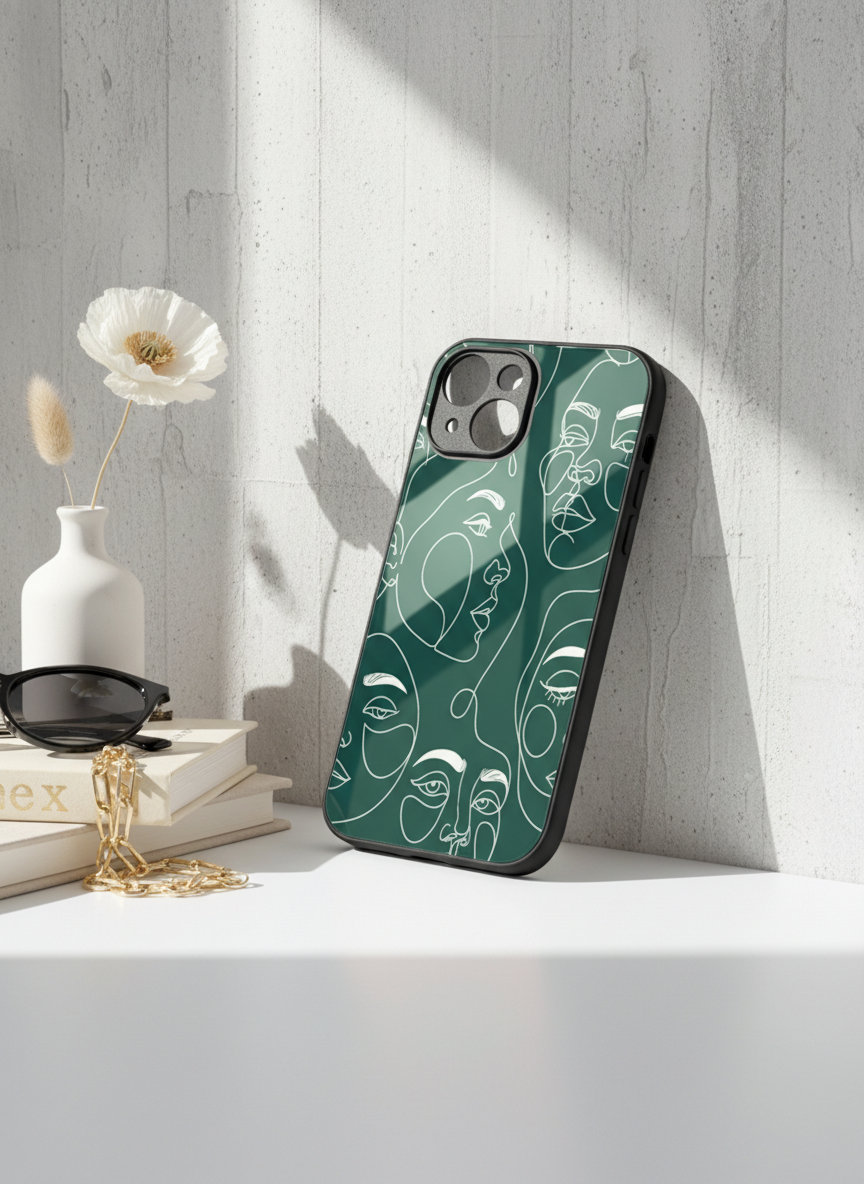 Line Art Lady  Premium Glass Back Cover For iPhone 11-17 Models