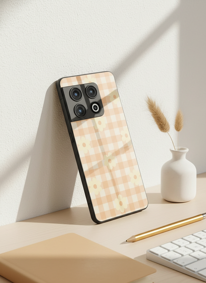 Nude Floral Checks Glass Back Cover For One Plus 13, 12, 11, 10, Nord Series