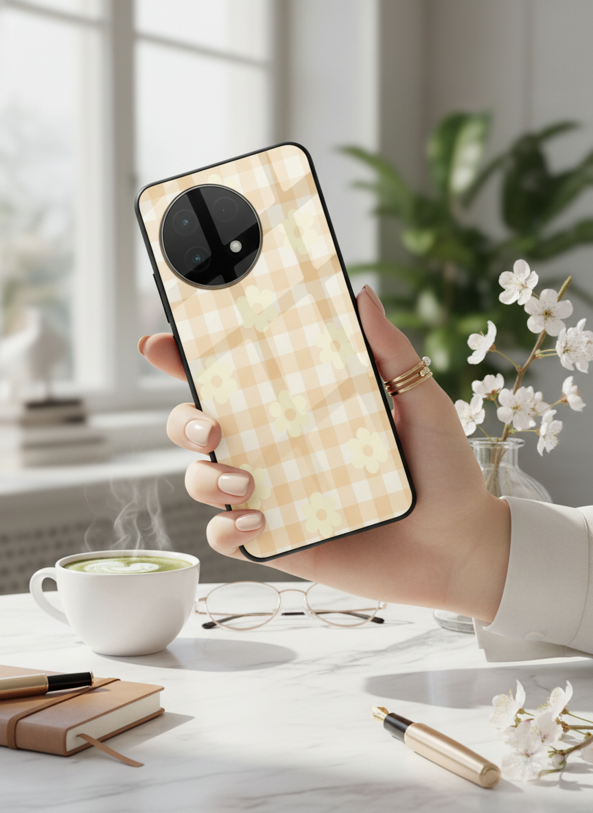 Nude Floral Checks Glass Back Cover For One Plus 13, 12, 11, 10, Nord Series