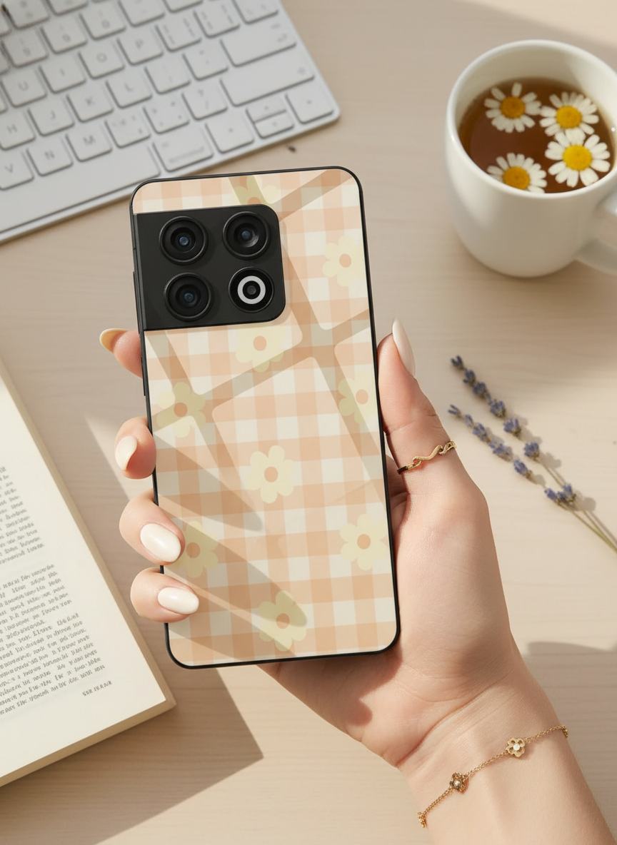 Nude Floral Checks Glass Back Cover For One Plus 13, 12, 11, 10, Nord Series