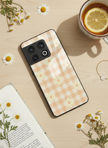Nude Floral Checks Glass Back Cover For One Plus 13, 12, 11, 10, Nord Series