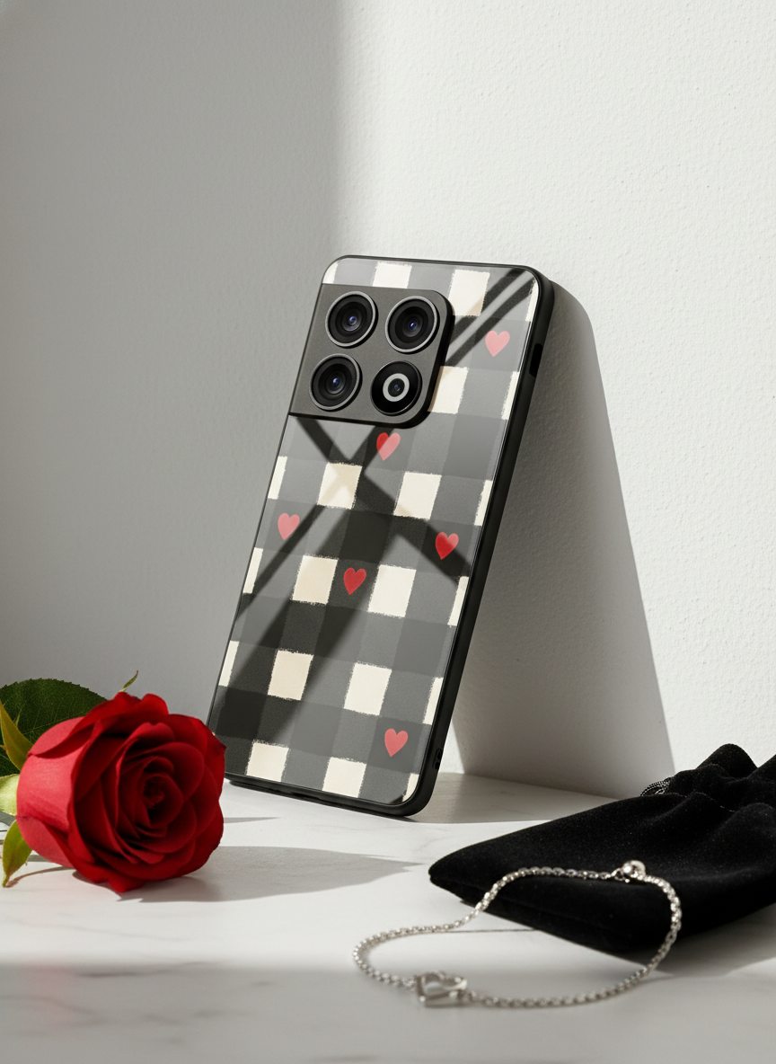 Checkered Hearts Glass Back Cover For One Plus 13, 12, 11, 10, Nord Series