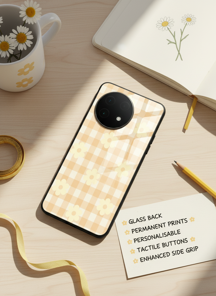 Nude Floral Checks Glass Back Cover For One Plus 13, 12, 11, 10, Nord Series