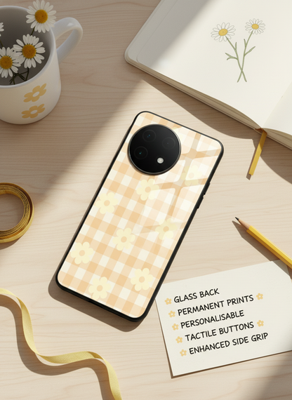 Nude Floral Checks Glass Back Cover For One Plus 13, 12, 11, 10, Nord Series