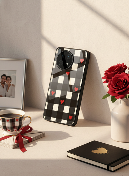 Checkered Hearts Glass Back Cover For One Plus 13, 12, 11, 10, Nord Series