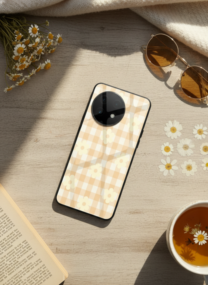 Nude Floral Checks Glass Back Cover For One Plus 13, 12, 11, 10, Nord Series