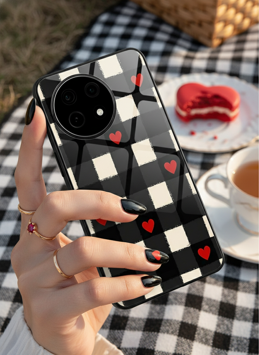 Checkered Hearts Glass Back Cover For One Plus 13, 12, 11, 10, Nord Series