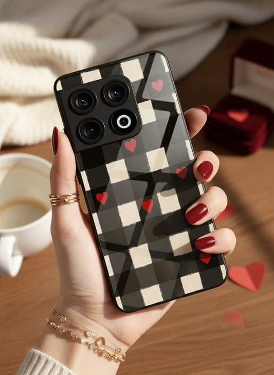Checkered Hearts Glass Back Cover For One Plus 13, 12, 11, 10, Nord Series