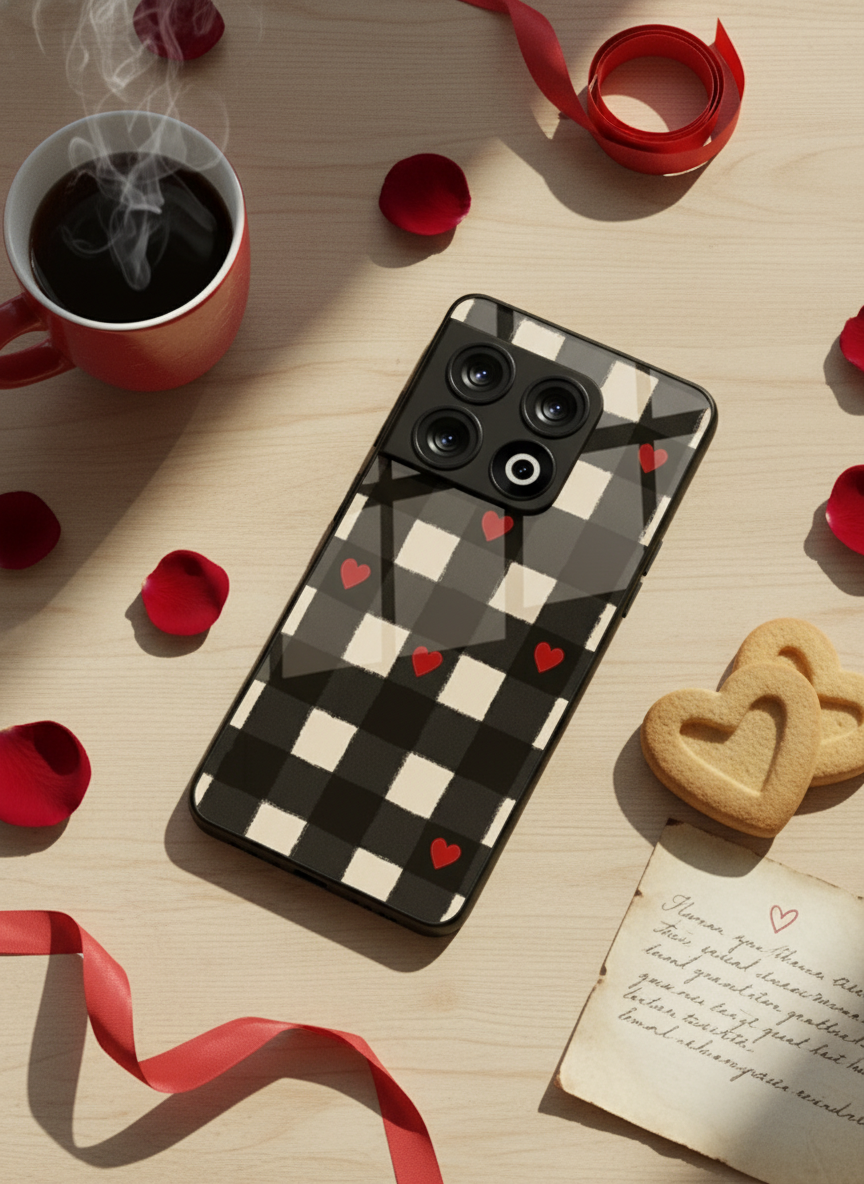 Checkered Hearts Glass Back Cover For One Plus 13, 12, 11, 10, Nord Series