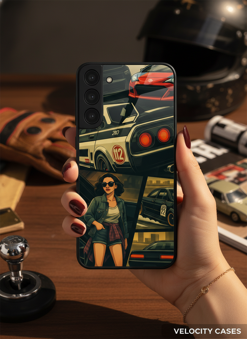 Drag Cars Premium Glass Back Cover For Galaxy S, A, M & F Series