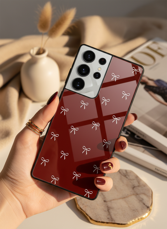 Red Bow Beaut Premium Glass Back Cover For Galaxy S, A, M & F Series