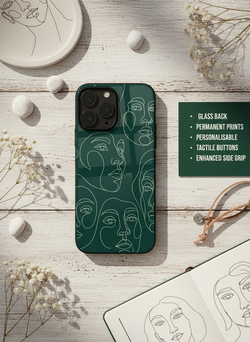 Line Art Lady  Premium Glass Back Cover For iPhone 11-17 Models