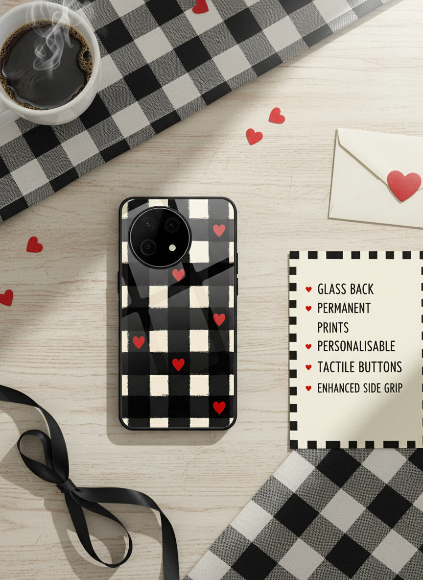 Checkered Hearts Glass Back Cover For One Plus 13, 12, 11, 10, Nord Series