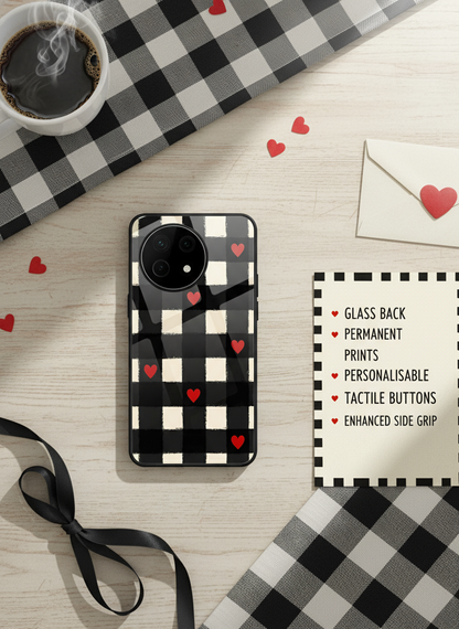 Checkered Hearts Glass Back Cover For One Plus 13, 12, 11, 10, Nord Series