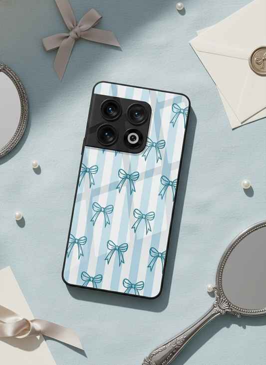 Stripy Blue Bows Premium Glass Back Cover For One Plus 13, 12, 11, 10, Nord Series