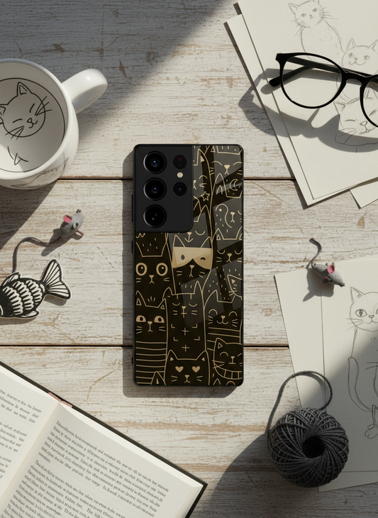 Meow You Too Premium Glass Back Cover For Galaxy S, A, M & F Series