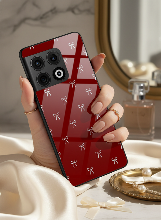 Red Bow Beaut Premium Glass Back Cover For One Plus 13, 12, 11, 10, Nord Series