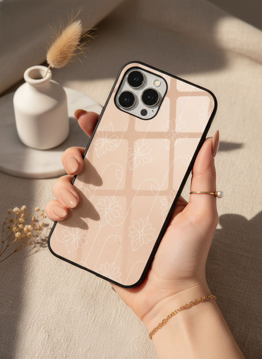Floral Minimal Line Pattern Premium Glass Back Cover For iPhone 11-17 Models