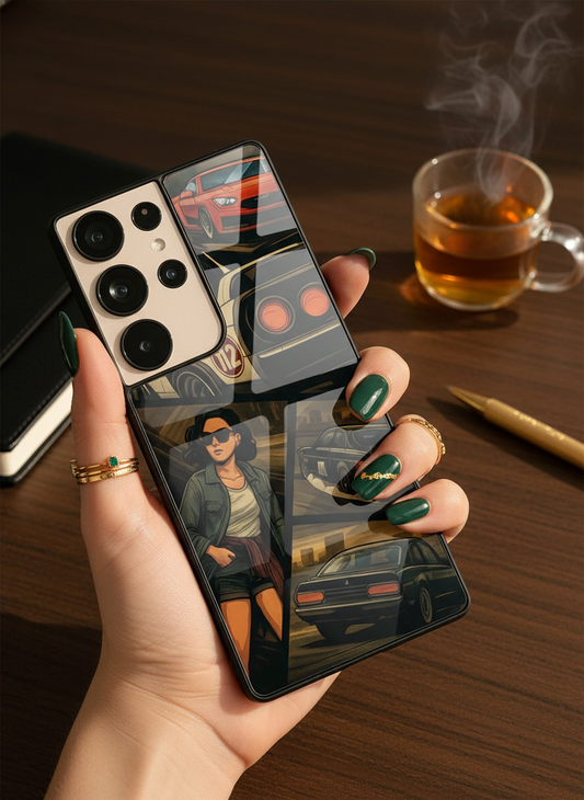 Drag Cars Premium Glass Back Cover For Galaxy S, A, M & F Series