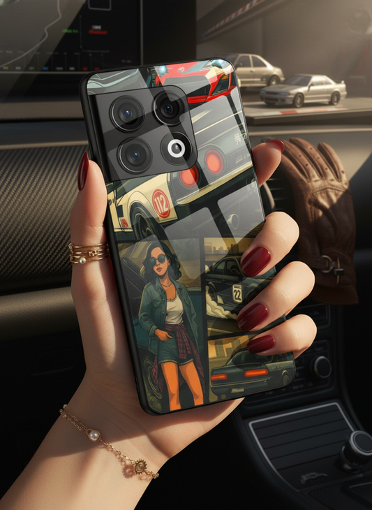Drag Cars Premium Glass Back Cover For One Plus 13, 12, 11, 10, Nord Series
