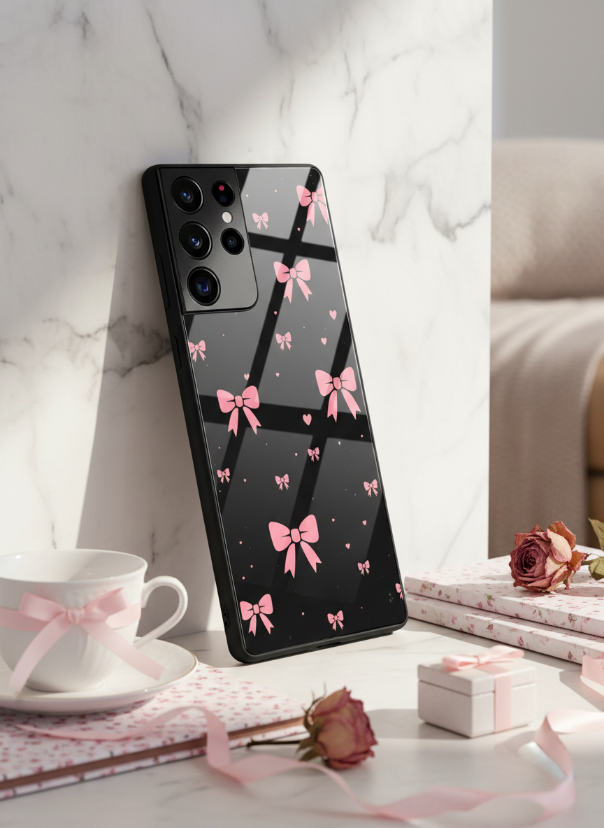 Dark Aesthetic Bows Premium Glass Back Cover For Galaxy S, A, M & F Series