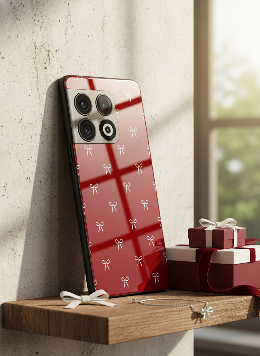 Red Bow Beaut Premium Glass Back Cover For One Plus 13, 12, 11, 10, Nord Series