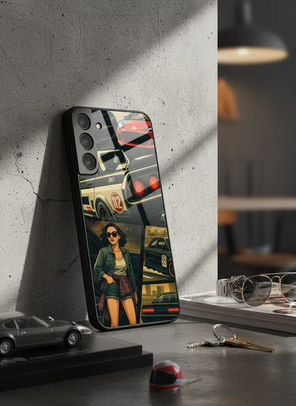 Drag Cars Premium Glass Back Cover For Galaxy S, A, M & F Series