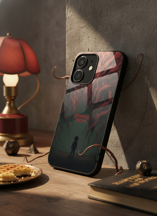 STRANGER THINGS- Stranger Dark Roots Premium Glass Back Cover For iPhone 11-17 Models