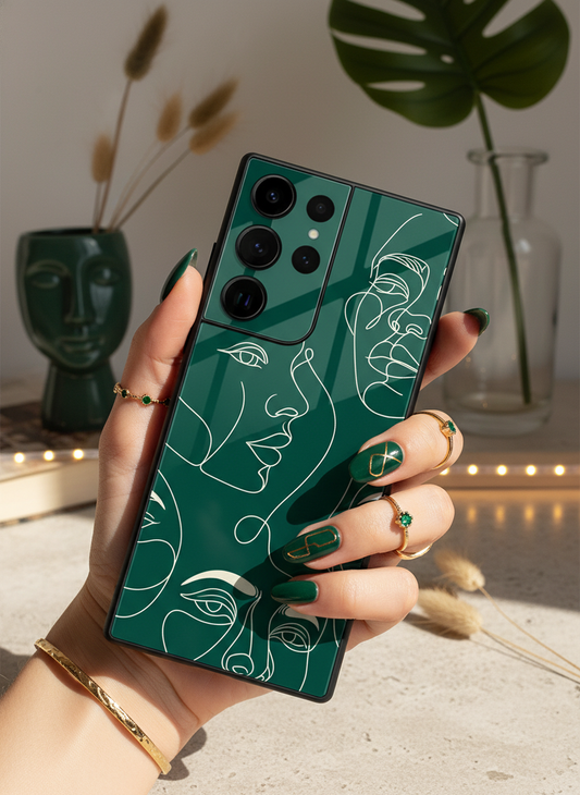 Line Art Lady Premium Glass Back Cover For Galaxy S, A, M & F Series