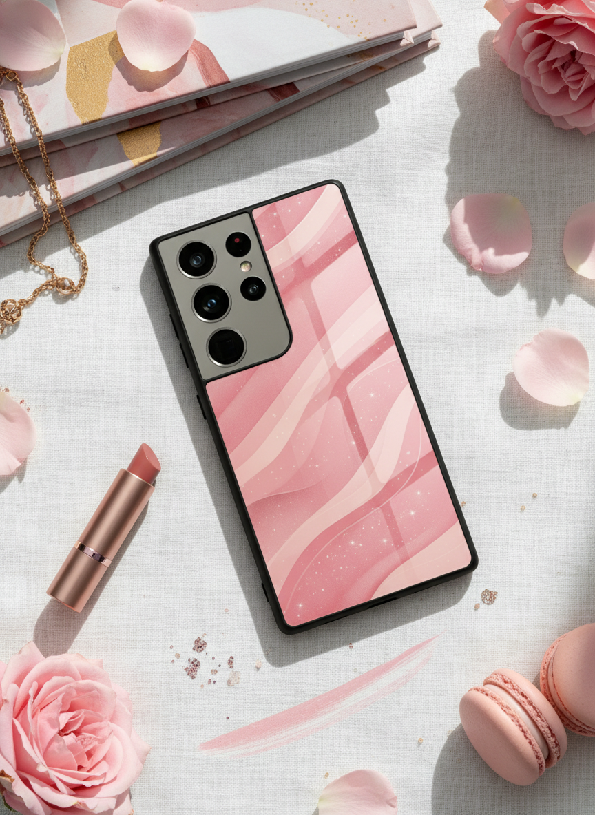 Rose Wave Premium Glass Back Cover For Galaxy S, A, M & F Series