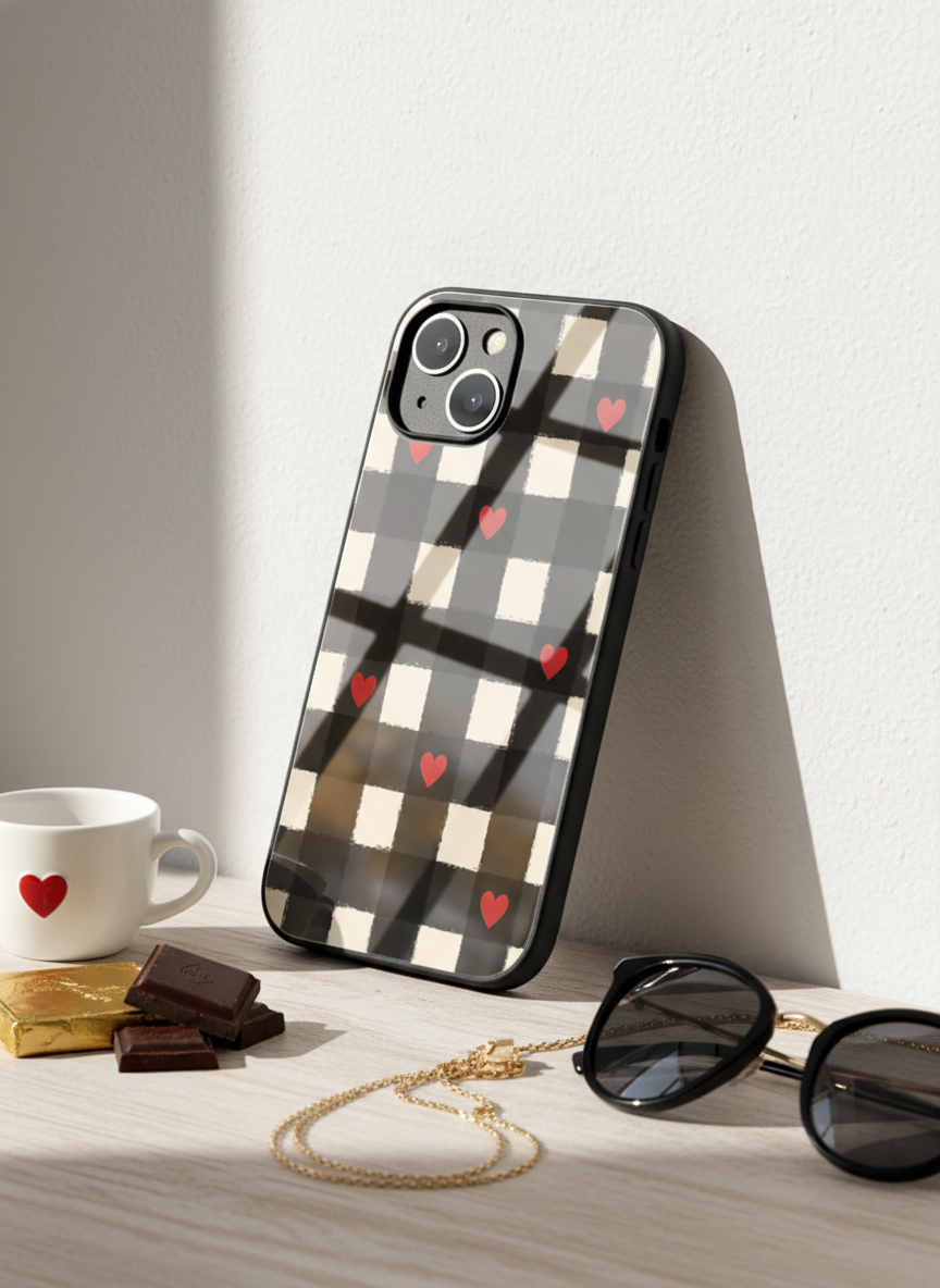 Checkered Hearts Premium Glass Back Cover For iPhone 11-17 Models