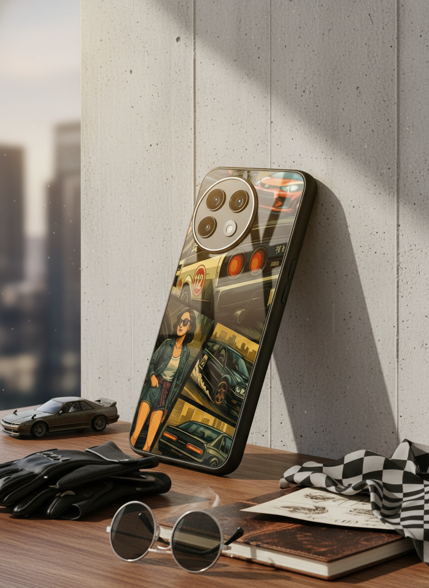 Drag Cars Premium Glass Back Cover For One Plus 13, 12, 11, 10, Nord Series