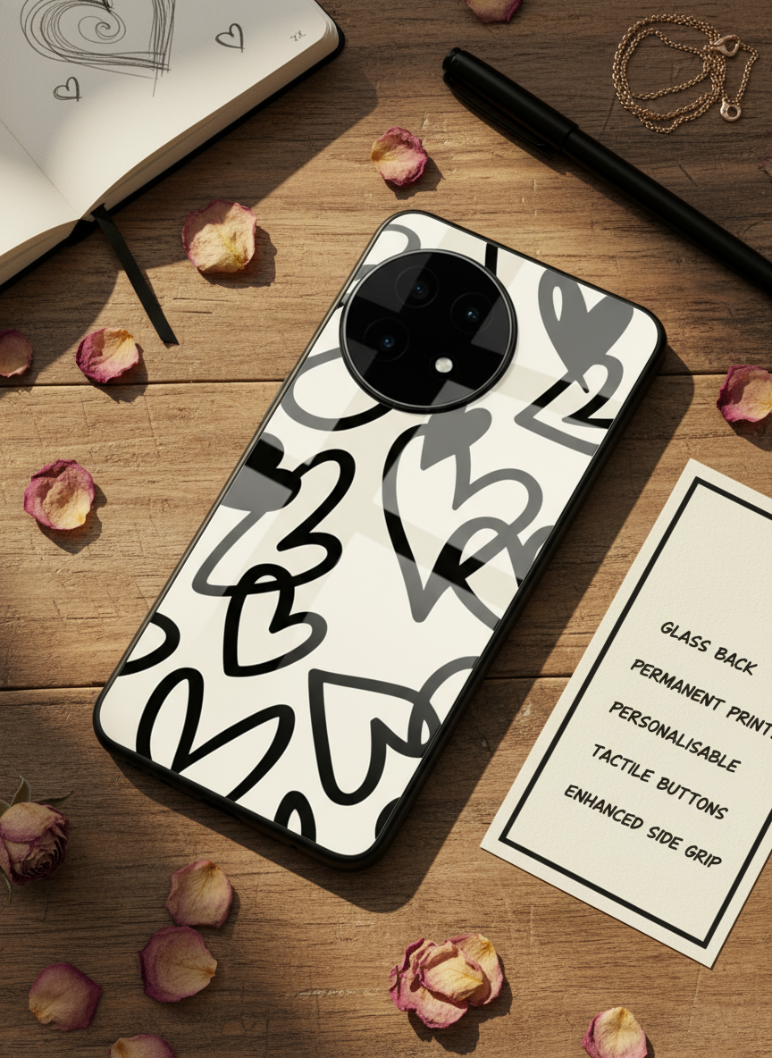 Black Hearts Premium Glass Back Cover For One Plus 13, 12, 11, 10, Nord Series