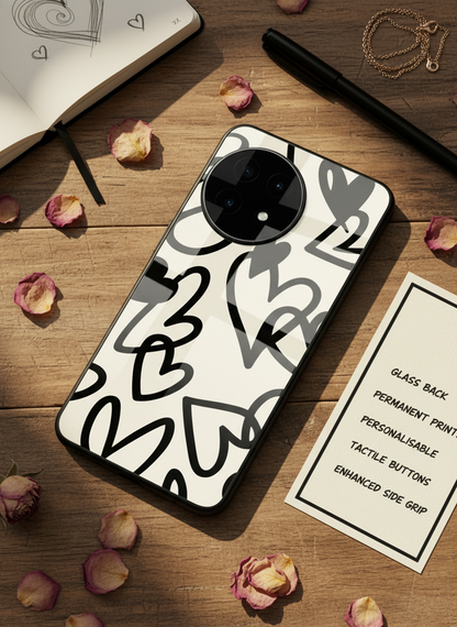 Black Hearts Premium Glass Back Cover For One Plus 13, 12, 11, 10, Nord Series