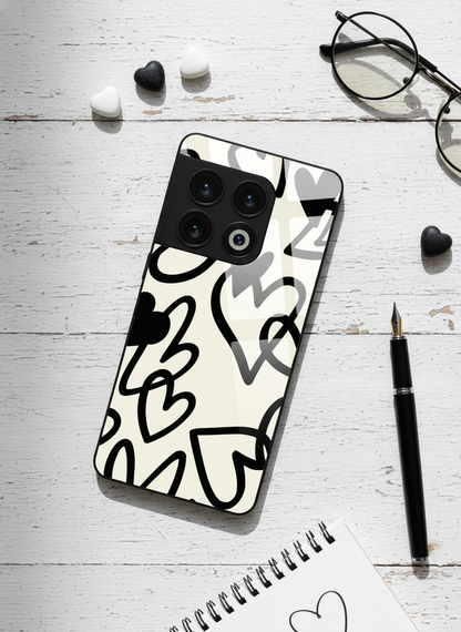Black Hearts Premium Glass Back Cover For One Plus 13, 12, 11, 10, Nord Series