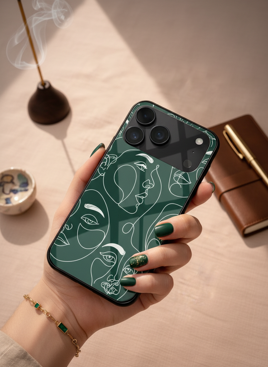 Line Art Lady  Premium Glass Back Cover For iPhone 11-17 Models