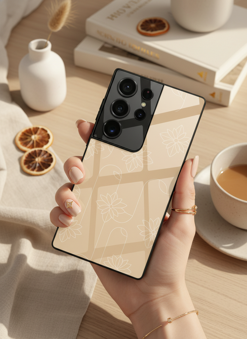 Floral Minimal Line Pattern Premium Glass Back Cover For Galaxy S, A, M & F Series