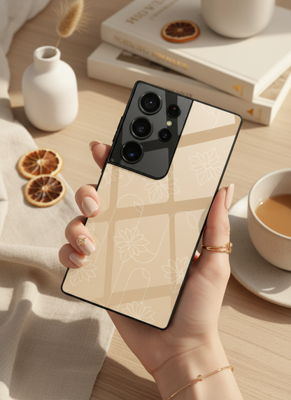 Floral Minimal Line Pattern Premium Glass Back Cover For Galaxy S, A, M & F Series