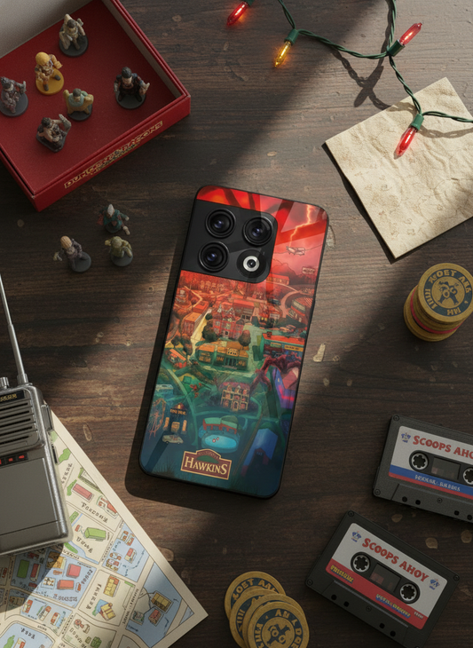 STRANGER THINGS- Hawkins Cinematic Map Premium Glass Back Cover For One Plus 13, 12, 11, 10, Nord Series
