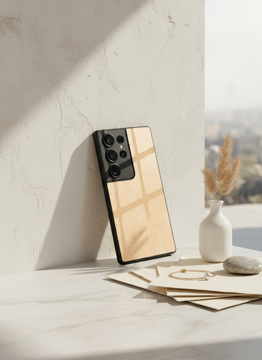 Floral Minimal Line Pattern Premium Glass Back Cover For Galaxy S, A, M & F Series