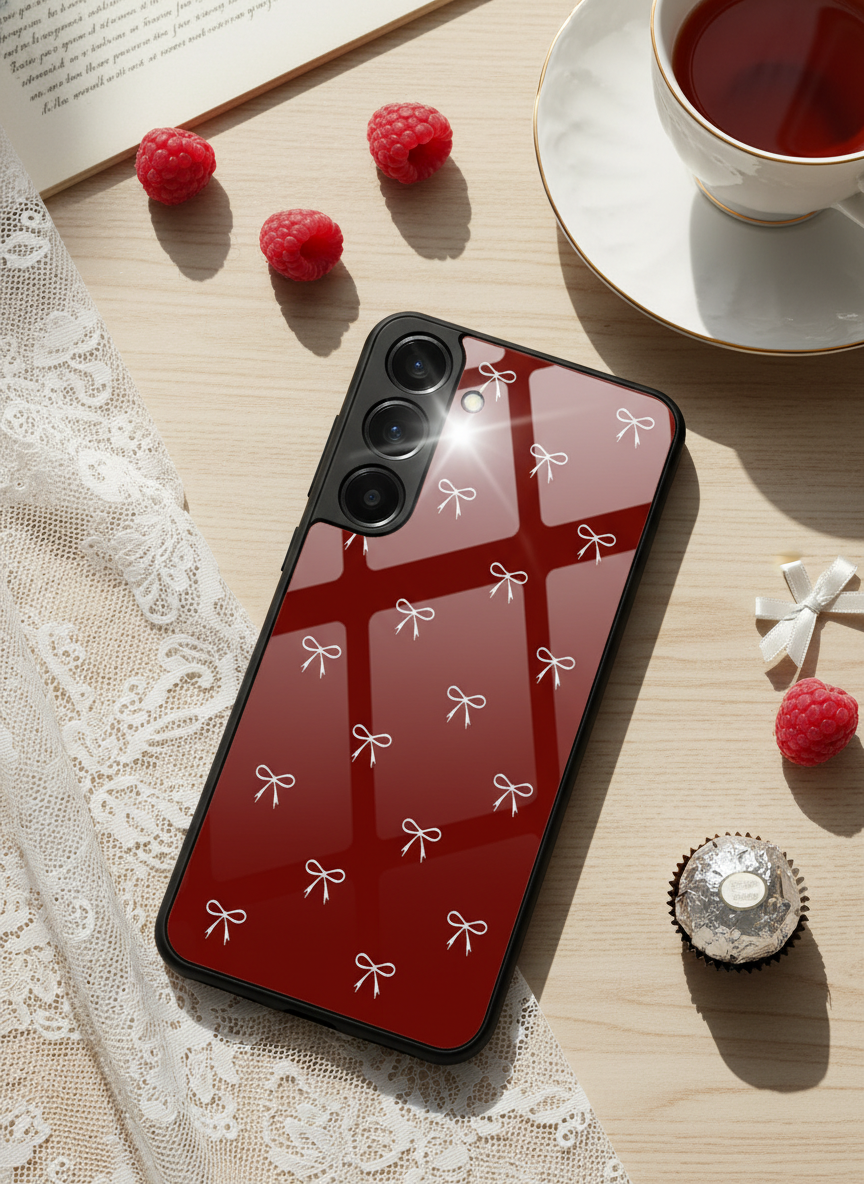 Red Bow Beaut Premium Glass Back Cover For Galaxy S, A, M & F Series