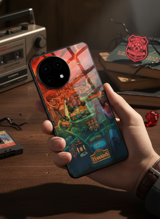 STRANGER THINGS- Hawkins Cinematic Map Premium Glass Back Cover For One Plus 13, 12, 11, 10, Nord Series