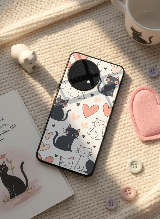 Meowgical Hearts Glass Back Cover For One Plus 13, 12, 11, 10, Nord Series