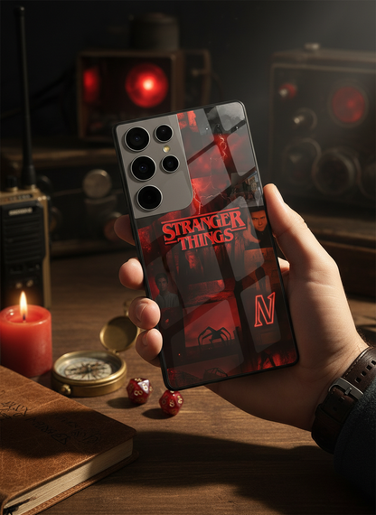 STRANGER THINGS- Red Realm Edit Premium Glass Back Cover For Galaxy S, A, M & F Series
