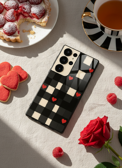 Checkered Hearts Premium Glass Back Cover For Galaxy S, A, M & F Series
