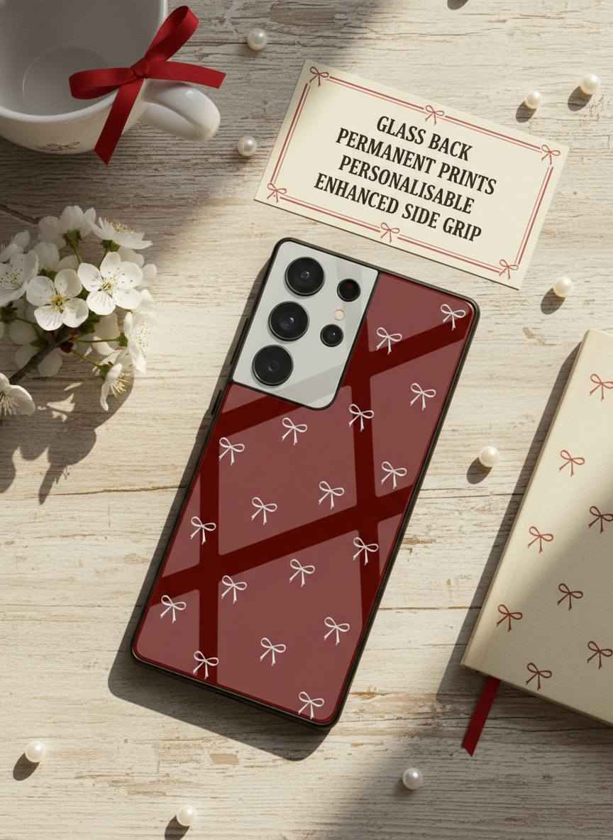 Red Bow Beaut Premium Glass Back Cover For Galaxy S, A, M & F Series